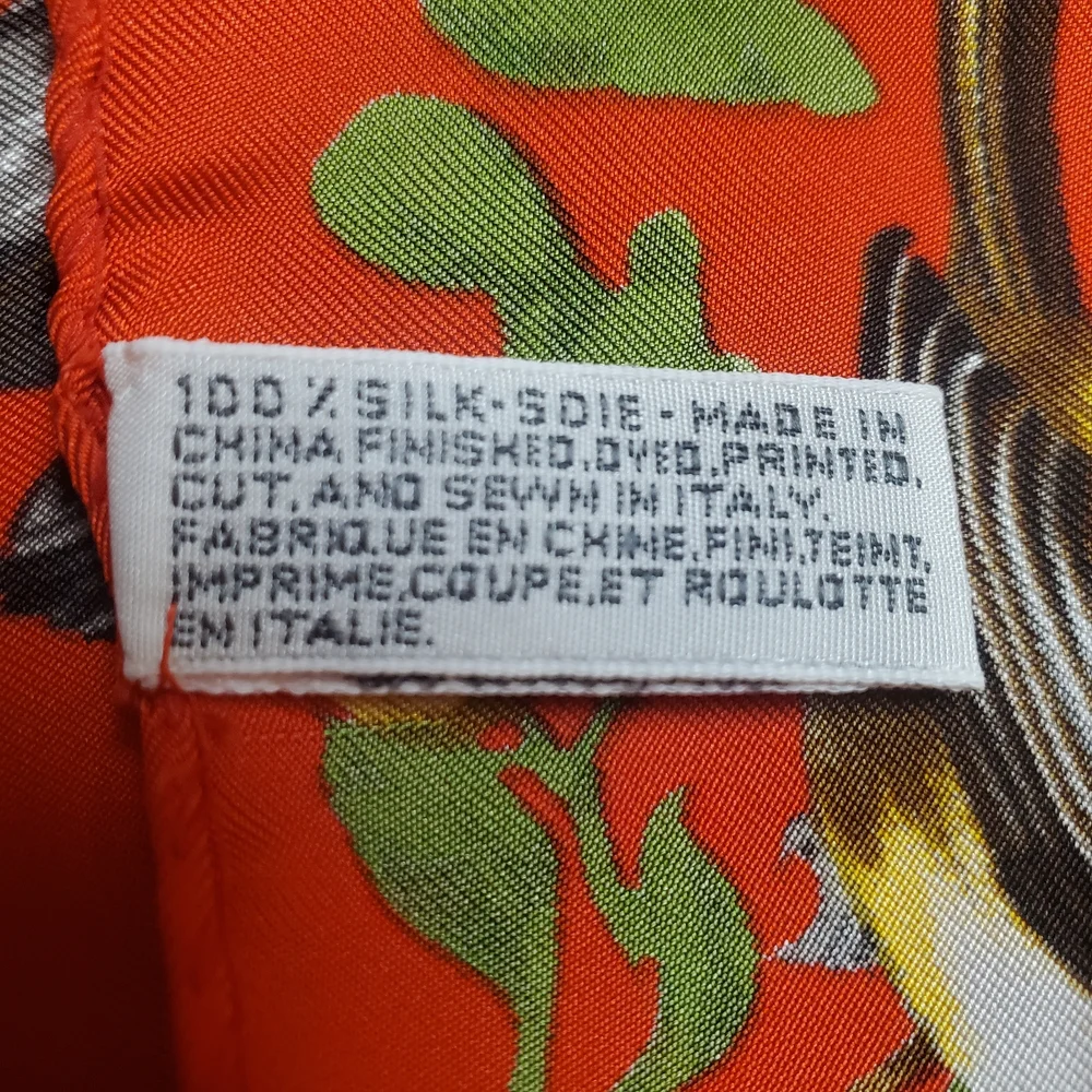 100% Silk Bird Print Scarf. 34" x 34". Orangish Red w/ Multicolor Birds - Picture 3 of 13